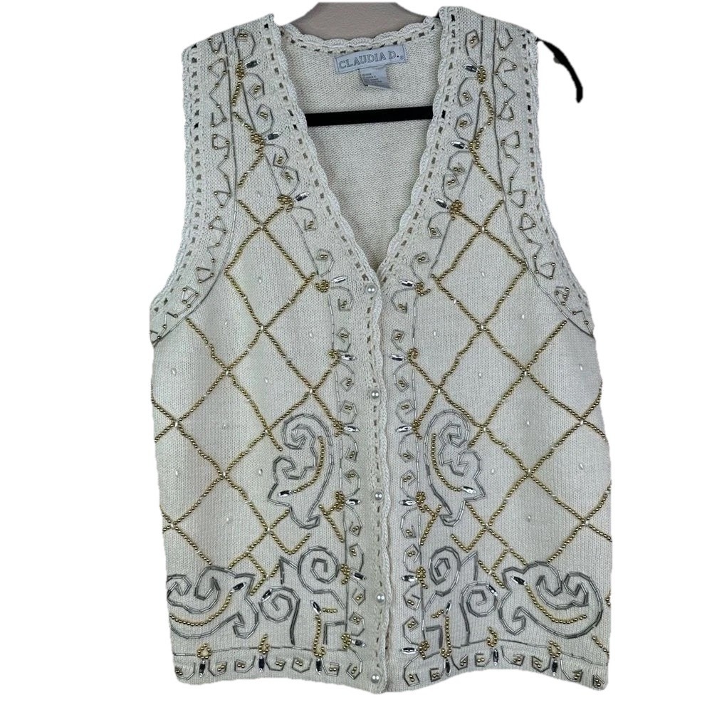 Claudia D Vtg Women's Cream Beaded Embellished Knit Vest Cardigan M Grandmacore
